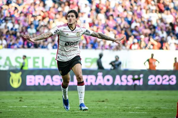 Camisa 9 abriu o placar contra o Fortaleza e chegou a 101 gols pelo Rubro-Negro.(Imagem:Kely Pereira/AGIF)