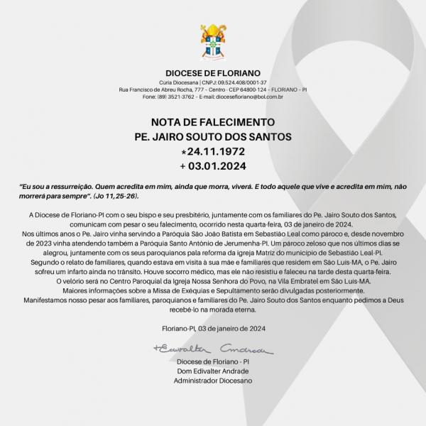 Diocese de Floriano informa o falecimento do Reverendo Padre Jairo Souto dos Santos.(Imagem:Divulgação)
