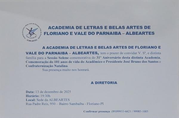 ALBEARTES celebra 31 anos de história em sessão solene com homenagem ao presidente José Bruno dos Santos.(Imagem:Divulgação)