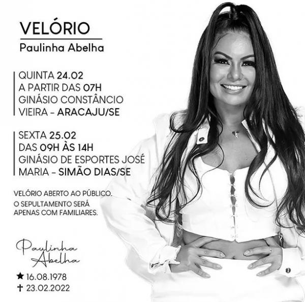 Paulinha Abelha terá dois velórios abertos ao público.(Imagem:Reprodução/Instagram)