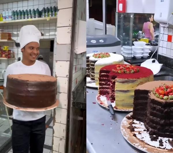 Bolo gigante com fatias de 1kg e cinco camadas de recheio viraliza em Teresina.(Imagem:Reprodução)