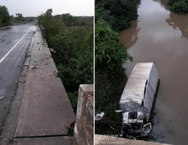 Caminhão-baú cai de ponte na BR-343 e duas pessoas ficam feridas, no Piauí.(Imagem:Reprodução)