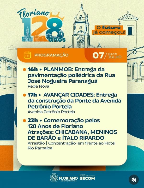 Programação do aniversário de 128 anos de Floriano (Imagem:Reprodução/Instagram)