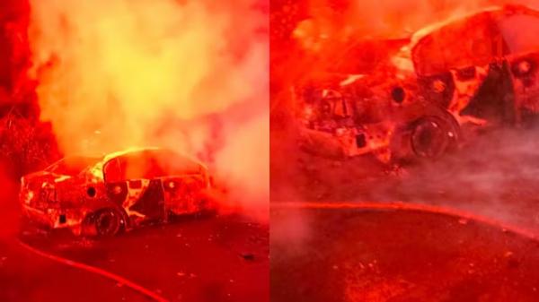 Carro &eacute; destru&iacute;do por inc&ecirc;ndio ap&oacute;s batida com outro na Zona Sul de Teresina.(Imagem:Reprodu&ccedil;&atilde;o)