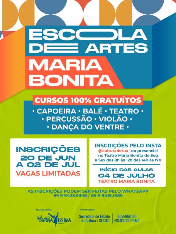 Escola de Arte Maria Bonita abre inscrições para cursos gratuitos em Floriano.(Imagem:Divulgação)