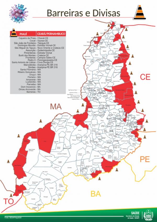 Mapa de barreiras em divisas do Piauí.(Imagem:Sesapi)