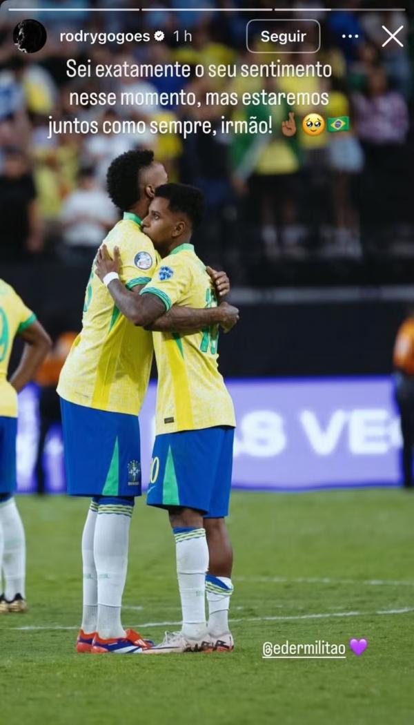 Rodrygo publica mensagem de apoio a Milit&atilde;o: 