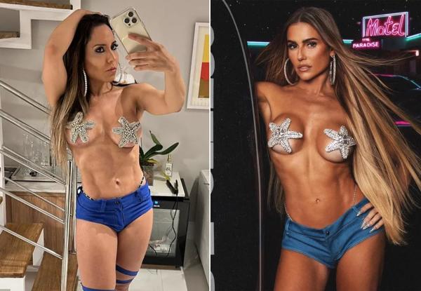 Mulher Melão se inspira em Deborah Secco e se fantasia de Bruna Surfistinha.(Imagem: Arquivo pessoal e Lucas Mennezes)