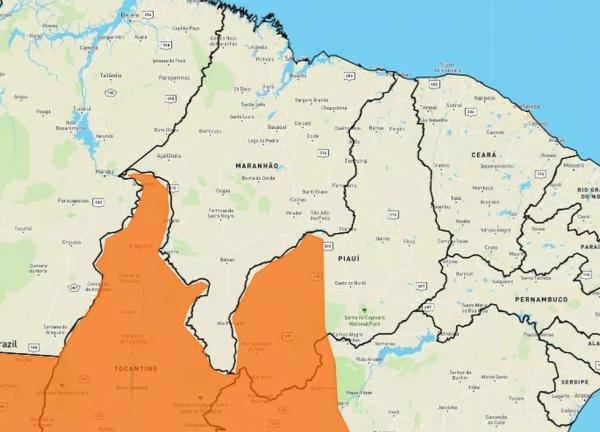  O Inmet emitiu alerta laranja (perigo) para as regiões Sul e Sudoeste do Piauí, por risco de chuvas intensas e acumulado de chuva em diversas cidades.(Imagem:Reprodução/Inmet )