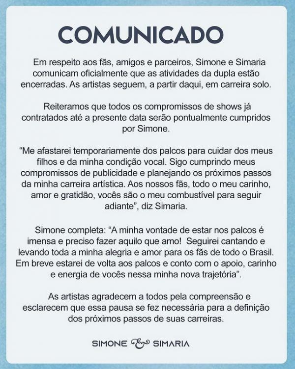 Simone e Simaria desmarcaram show alegando problemas pessoais dias antes de anunciarem fim da dupla. (Imagem:Reprodução/Instagram)