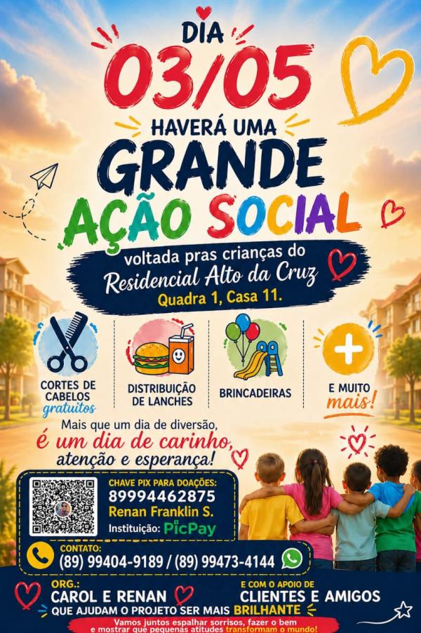 A&ccedil;&atilde;o social para crian&ccedil;as do Residencial Alto da Cruz acontece no dia 3 de maio em Floriano.(Imagem:Divulga&ccedil;&atilde;o)