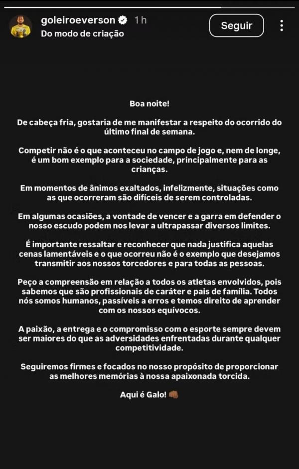 Postagem goleiro Everson ap&oacute;s briga em Cruzeiro x Atl&eacute;tico-MG.(Imagem:Reprodu&ccedil;&atilde;o)