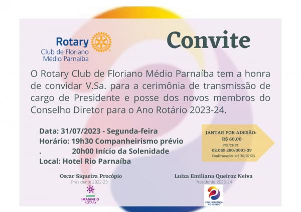 Rotary Club de Floriano Médio Parnaíba realiza nesta segunda a transmissão de Cargo e Posse 2023-24(Imagem:Divulgação)