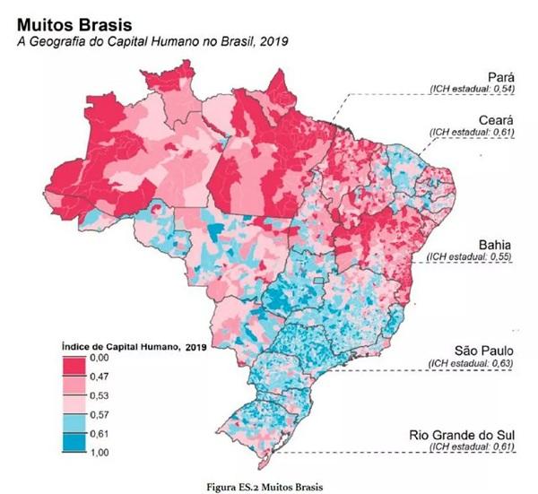  Índice de Capital Humano é mais baixo no Norte e Nordeste, mas há também desigualdades significativas dentro dos Estados e das regiões.(Imagem:Banco Mundial )