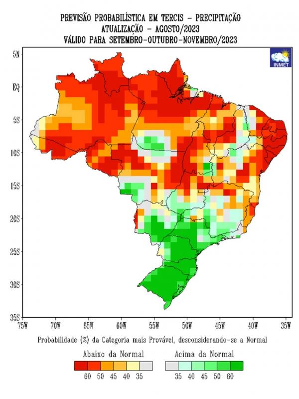 Previsão probabilística de chuva até novembro de 2023.(Imagem: Inmet)