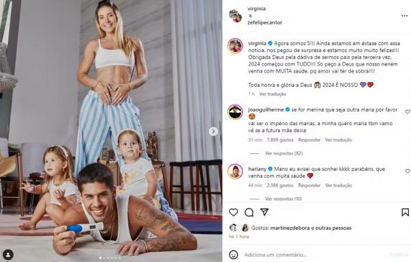 João Guilherme comenta anúncio de terceira gravidez de Virginia e Zé Felipe.(Imagem:Reprodução/Instagram)