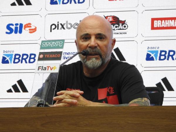 Jorge Sampaoli em entrevista coletiva no Flamengo.(Imagem:Fred Gomes)