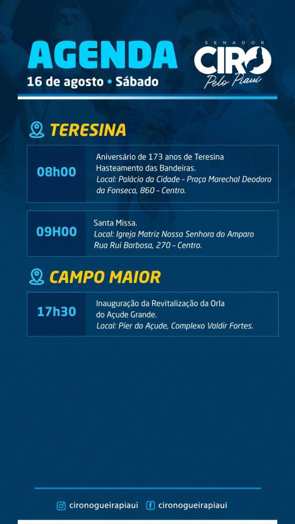 Ciro Nogueira cumpre agenda, neste sábado, pelo aniversário de Teresina.(Imagem:Ascom)