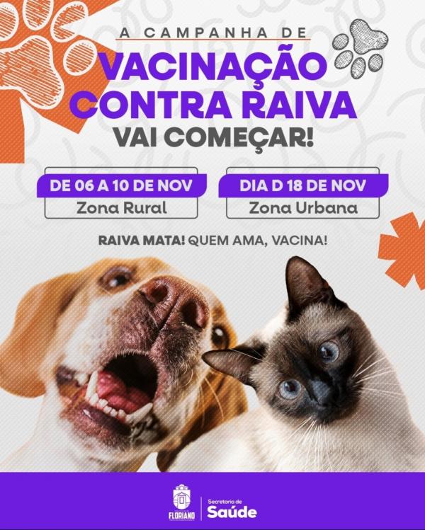 campanha de vacinação contra raiva para cães e gatos de Floriano terá início na segunda-feira, dia 6 de novembro.(Imagem:Reprodução/Instagram)