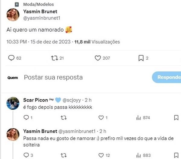 Yasmin Brunet desabafa sobre solteirice(Imagem:Reprodução/Twitter)