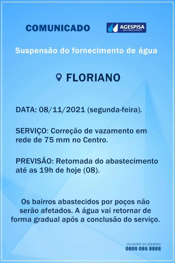 Agespisa de Floriano comunica suspensão do fornecimento de água nesta segunda (08)(Imagem:Divulgação)