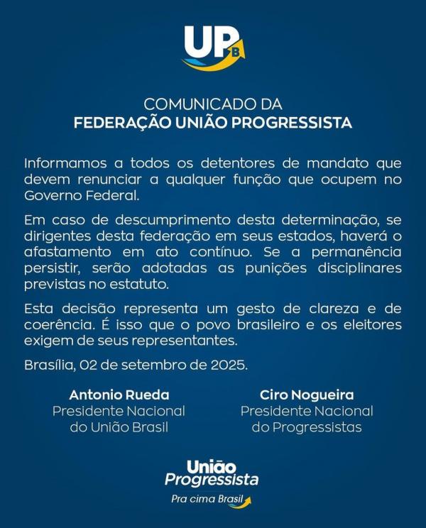 Federação União Progressista oficializa saída do governo Lula(Imagem:Ascom )