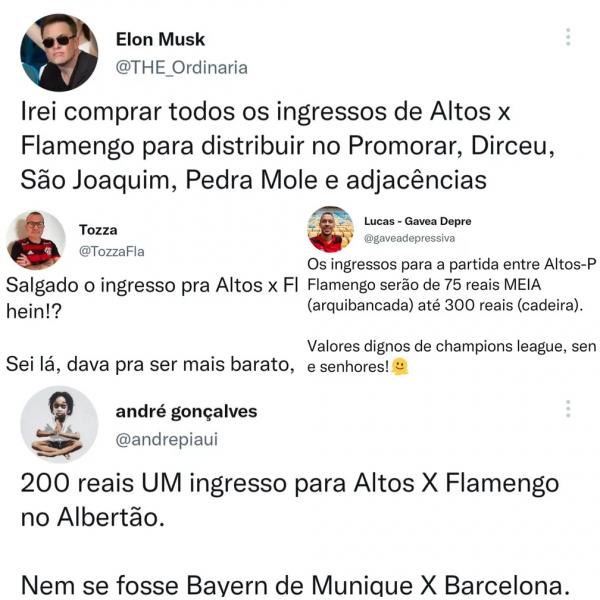  Torcedores comentam nas redes sociais os valores dos ingressos de Altos x Flamengo.(Imagem:Reprodução/Twitter )