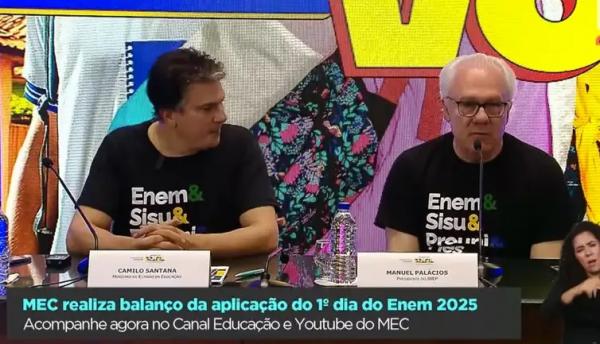 Ministro da Educação, Camilo Santana, e presidente do Inep, Maunel Palácios, fazem balanço do primeiro dia do Enem 2025.(Imagem:Print/Youtube do MEC)