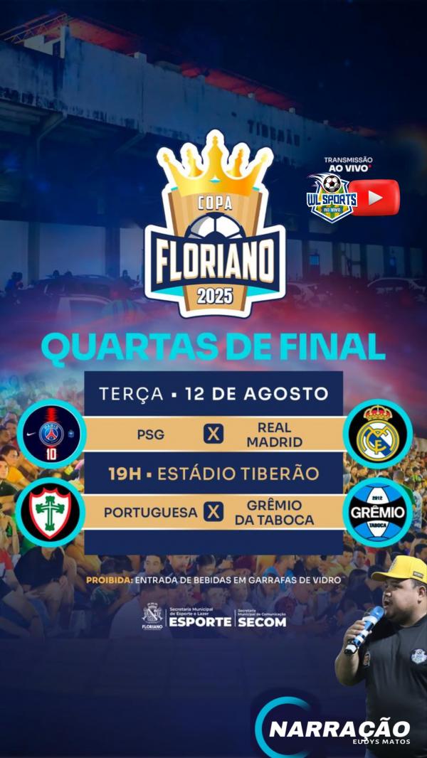 Quartas de final da Copa Floriano 2025 agitam o Estádio Tiberão nesta terça-feira (12)(Imagem:Secom)