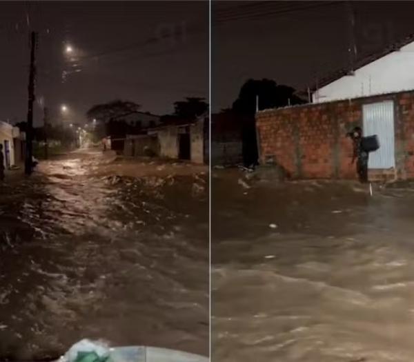 Rua se torna rio durante forte chuva em Teresina.(Imagem:Reprodução)
