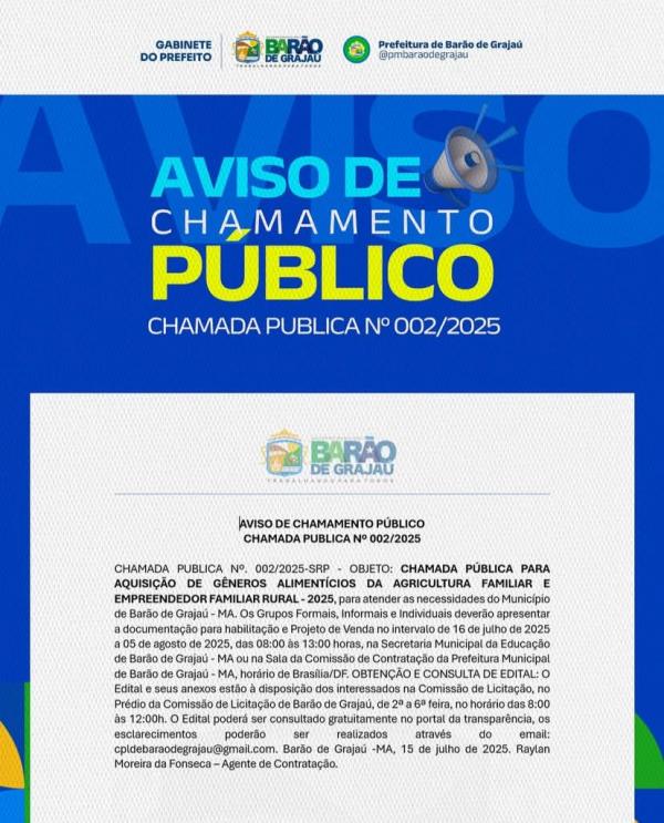 Prefeitura de Barão de Grajaú abre chamada pública para aquisição de gêneros alimentícios(Imagem:Reprodução/Instagram)