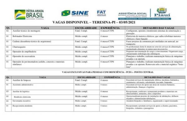 Sistema Nacional de Emprego do Piauí (Sine-PI) oferta vagas de emprego em Teresina.(Imagem:Reprodução/Sine)