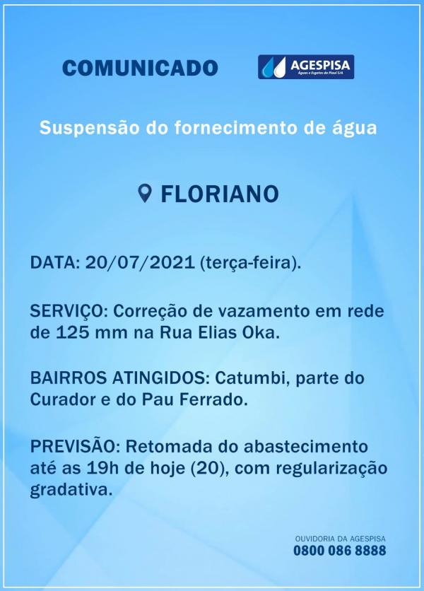 Agespisa de Floriano interrompe o abastecimento de água nesta terça (20)(Imagem:Divulgação)