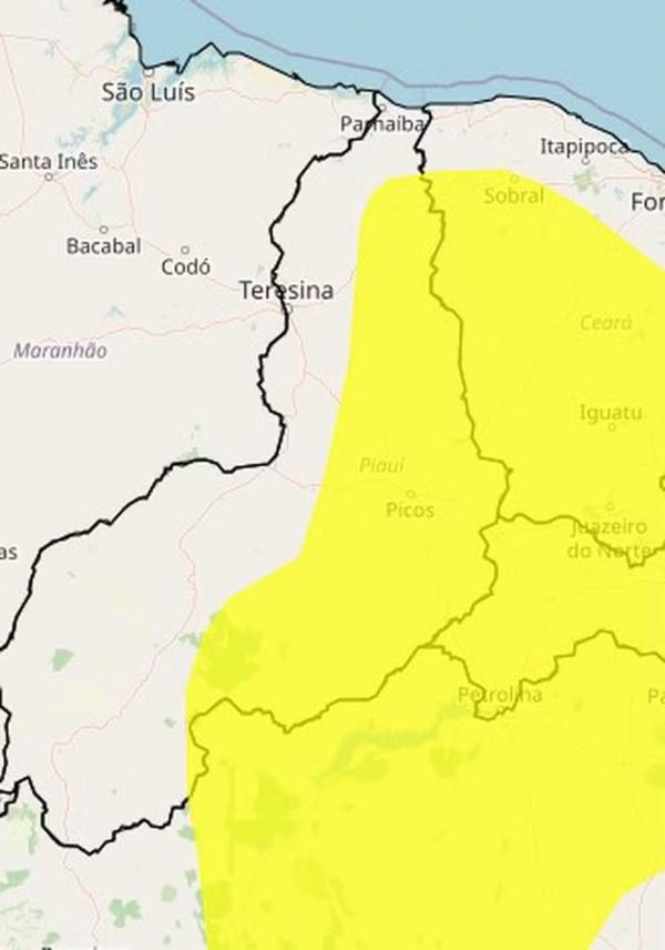 Alerta amarelo atinge mais de 100 municípios no Piauí.(Imagem: Inmet)