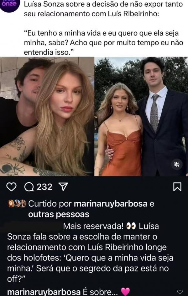 Marina Ruy Barbosa apoia Luísa Sonza após decisão de manter relacionamento fora dos holofotes.(Imagem:Reprodução/Instagram)