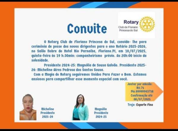 Rotary Club de Floriano Princesa do Sul realiza cerimônia de posse da nova diretoria nesta quinta(Imagem:Reprodução/Redes sociais)