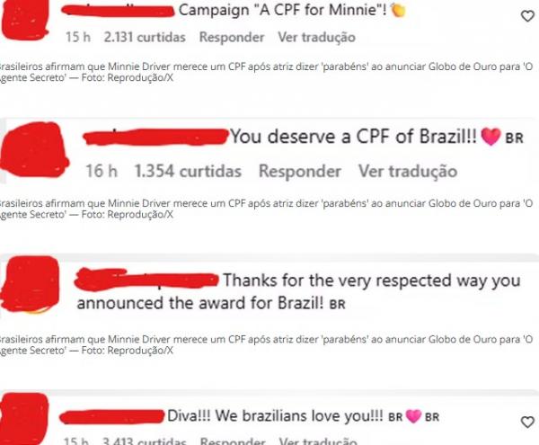 Brasileiros invadem perfil de Minnie Driver para elogiar an&uacute;ncio de Globo de Ouro a O Agente Secreto(Imagem:Reprodu&ccedil;&atilde;o)