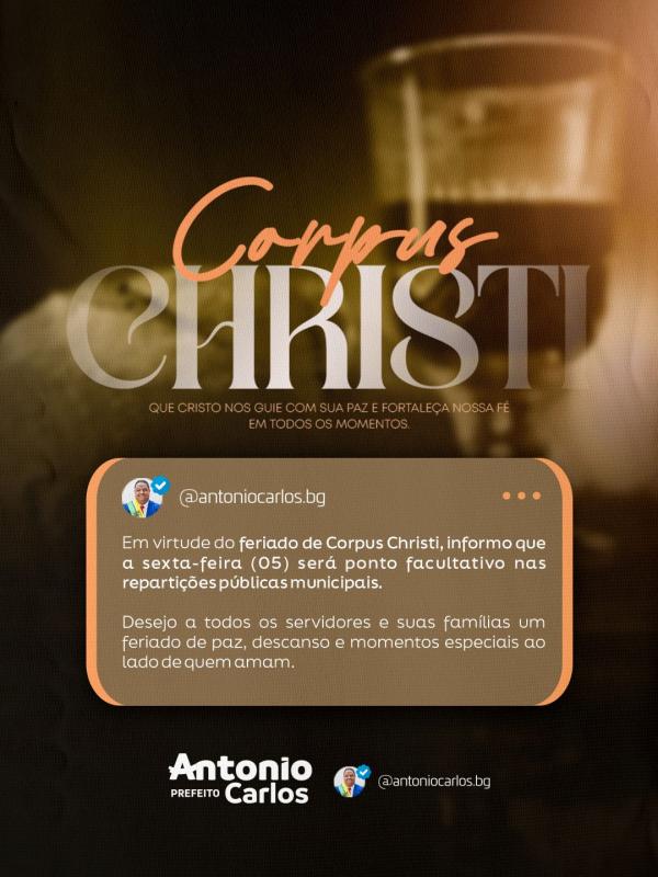 Prefeito Ant&ocirc;nio Carlos decreta ponto facultativo em Bar&atilde;o de Graja&uacute; ap&oacute;s feriado de Corpus Christi.(Imagem:Divulga&ccedil;&atilde;o)