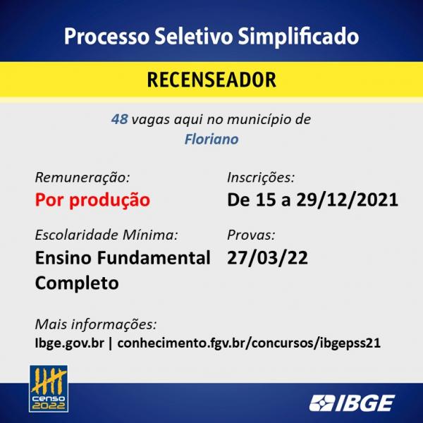 Confira as vagas do Processo Seletivo do IBGE para Floriano(Imagem:Divulgação)