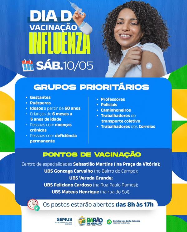 Barão de Grajaú realiza Dia D de Vacinação contra a Influenza neste sábado (10).(Imagem:Divulgação)