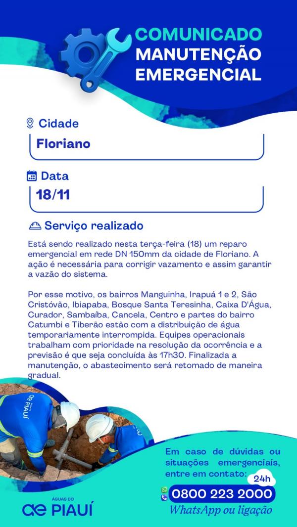 Manutenção emergencial afeta abastecimento de água em Floriano nesta terça-feira (18).(Imagem:Divulgação)