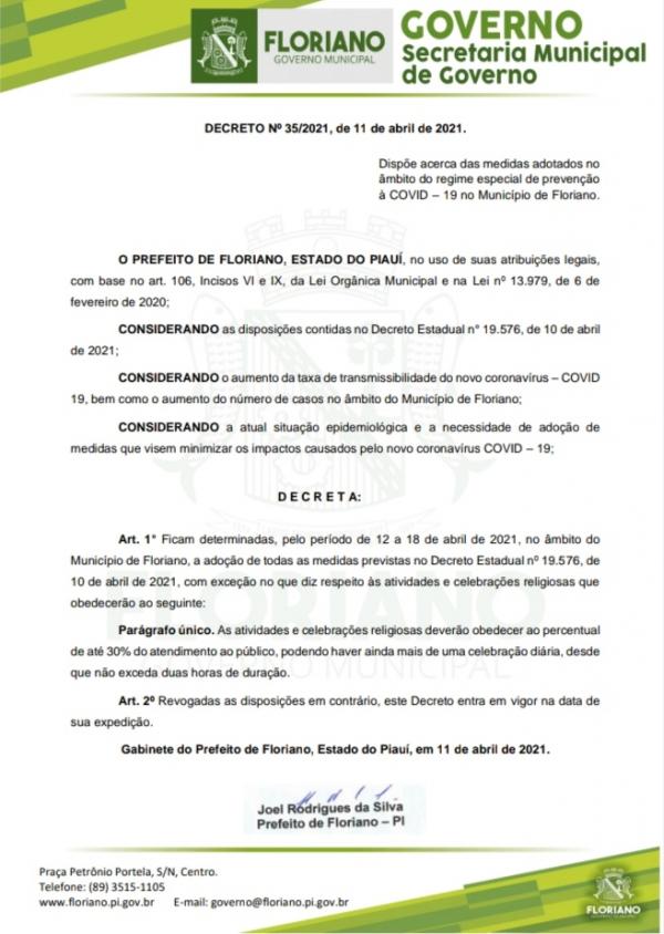 Floriano segue decreto estadual. mas edita medida diferenciada para as celebrações religiosas(Imagem:Divulgação)