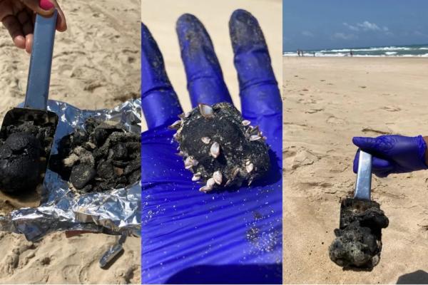  Manchas de óleo voltam a aparecer na Praia do Futuro em Fortaleza.(Imagem:Labomar/UFC/Reprodução )