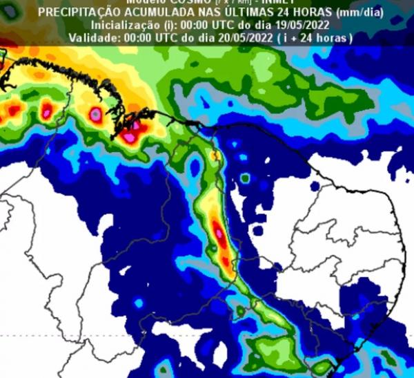 Modelo atmosférico do Inmet mostra condições do Piauí para os próximos dias.(Imagem:Reprodução/Inmet)