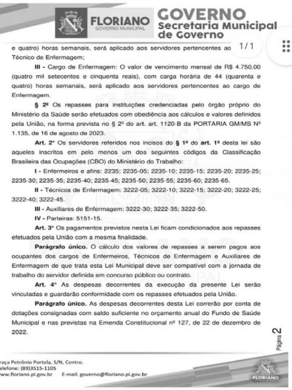 Lei garante complemento do piso salarial da Enfermagem em Floriano(Imagem: Divulgação)