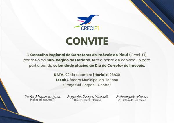 Creci-PI convida para solenidade em homenagem ao Dia do Corretor de Imóveis em Floriano.(Imagem:Divulgação)