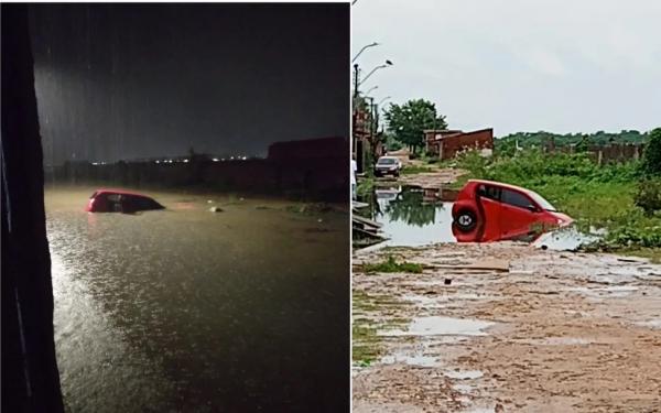 Idosa é resgata de veículo ao se perder e cair em buraco coberto por água da chuva em Teresina(Imagem:Reprodução)