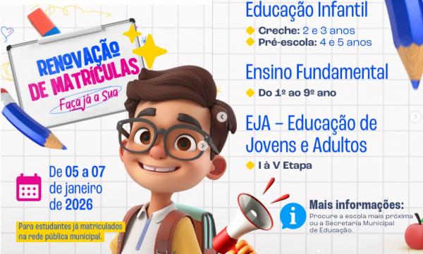 Rede Municipal de Educa&ccedil;&atilde;o de Floriano divulga calend&aacute;rio de matr&iacute;culas para 2026(Imagem:Reprodu&ccedil;&atilde;o/Instagram)