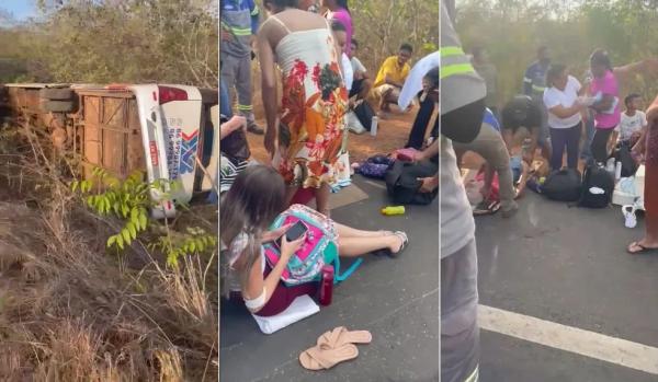 Ônibus levando pacientes de hemodiálise colide com carreta e tomba na BR-343, no Piauí.(Imagem:Reprodução)