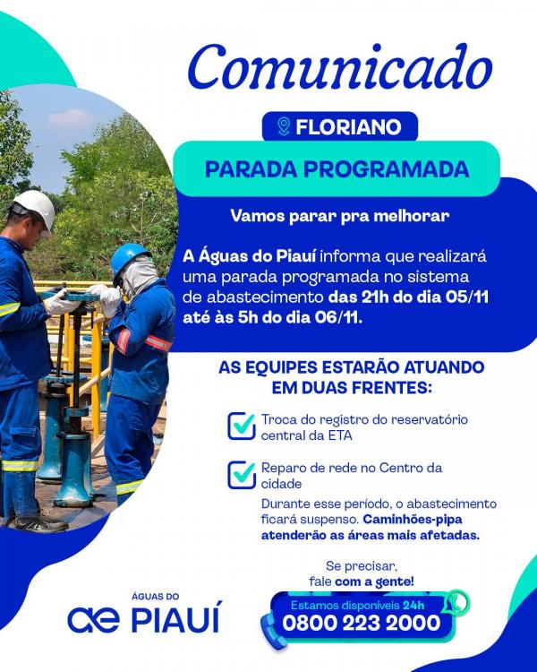 Águas do Piauí realiza parada programada no sistema de abastecimento de Floriano.(Imagem:Divulgação)